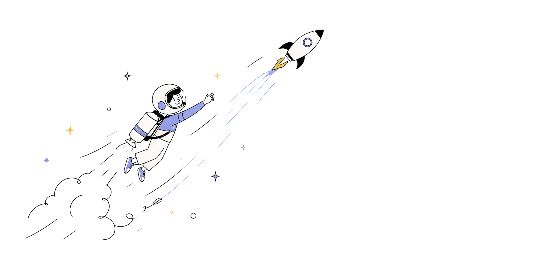 A figure flying after a rocket — the momentum of compounding intelligence